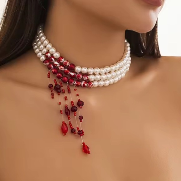 Dracula Red blood Pearl Scarlet Crystal Choker – Queen’s Statement Necklace - Picture 3 of 5